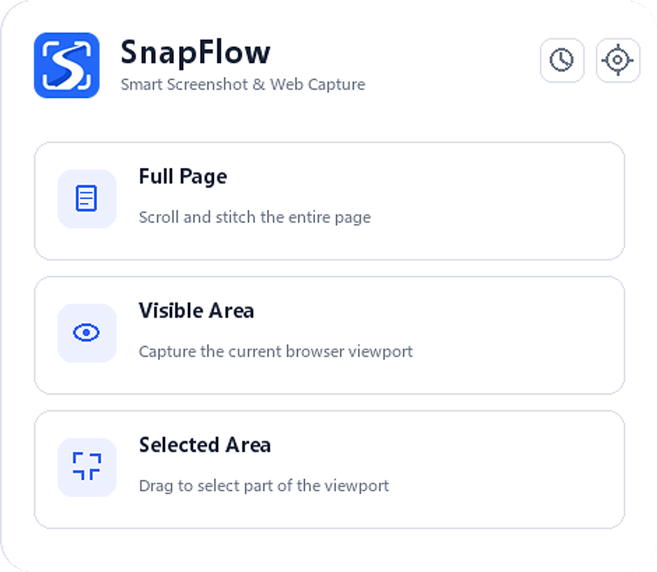 SnapFlow capture menu with full page, visible area, selected area, and local save confirmation