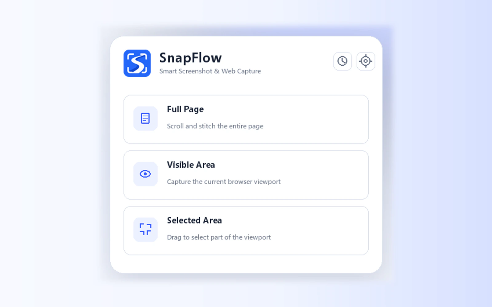SnapFlow capture menu showing Full Page, Visible Area, and Selected Area screenshot modes