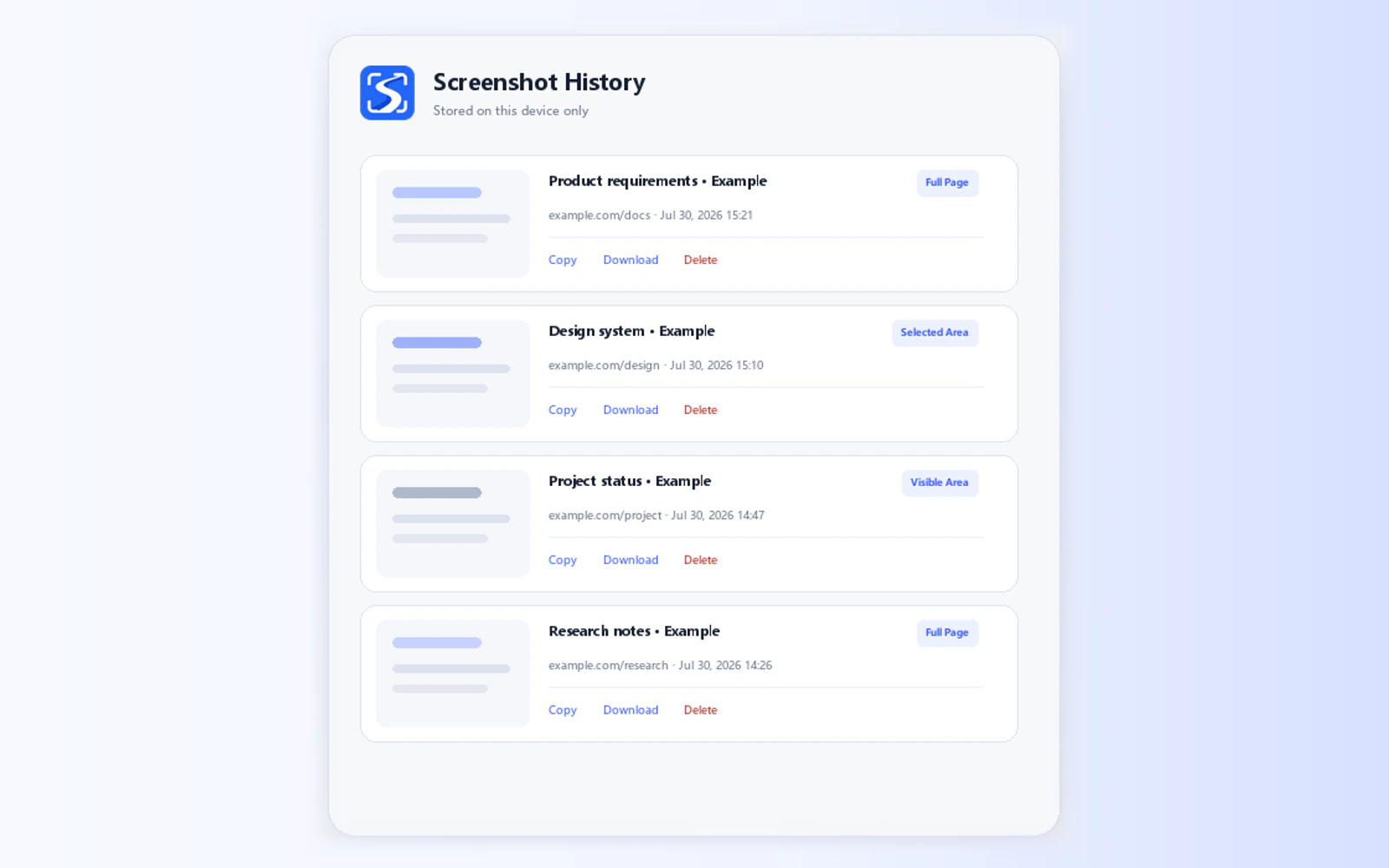 SnapFlow local screenshot history with saved captures and copy, download, and delete actions